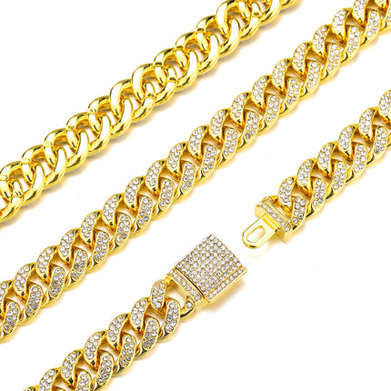 European and American explosives box buckle Cuban chain trend Joker alloy rhinestone 12mm men's necklace metal chain wholesale