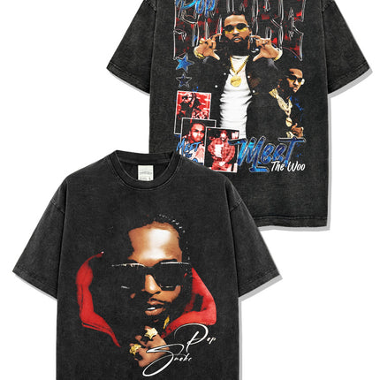 Cross-border American Hip-hop Smoke Pop Smoke Printed Short-sleeved T-shirt Washed Long-sleeved Loose Hooded Sweat for Men