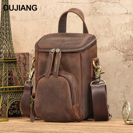 Retro Crazy Horse Leather Bucket Bag, Genuine Leather Men's Shoulder Crossbody Bag, Commuter Casual Phone Bag, Men's Bag, Cross-Border Leather Bag