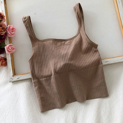 Summer Crop Top Women Seamless Square Collar Wide Straps Tank Top Knitted Striped Camisole Solid Corset Top Female