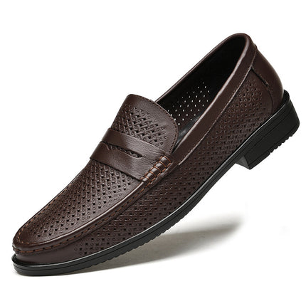 Men's Lefu leather shoes spring and summer low-top slip-on cowhide surface slip-on hollow breathable casual shoes single-layer shoes men's shoes