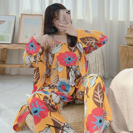 Foreign trade cross-border three-piece flower fresh sweet pajamas women's suspenders pants pajamas loose home clothes suit factory