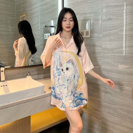 Summer New Style Fashionable Pure Lust Sexy Ice Silk Shirt Pajamas Loose High-End Home Wear Suit for Women