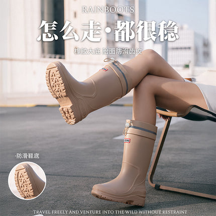 Women's High-Top Rain Boots for Beach Camping, Waterproof, Non-Slip, Korean Style, Sweet Thick-Soled Fashion Water Shoes with Drawstring Closure