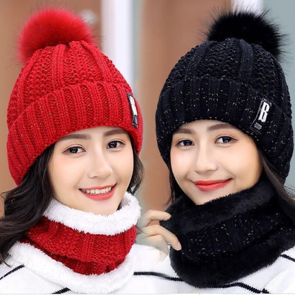 Warm two-piece cap scarf letter logo knitted wool hat winter knitted women's hat fur ball fleece-lined ear protection