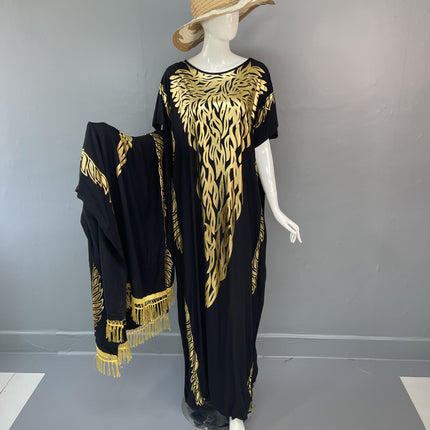 (In-Stock Cross-Border Exclusive) Popular African Robe Set with Rayon Gold-Stamped Large Headscarf, Loose Fit