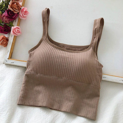 Summer Crop Top Women Seamless Square Collar Wide Straps Tank Top Knitted Striped Camisole Solid Corset Top Female