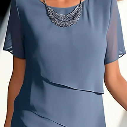 European and American Cross-Border Amazon Wish Export Women's Pure Color Short-Sleeved Glitter Ruffled Round Collar Casual Dress