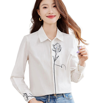 2025 Spring New Commuter Lapel Nail Drill Rose Embroidered Dark Placket Shirt Blouse Top