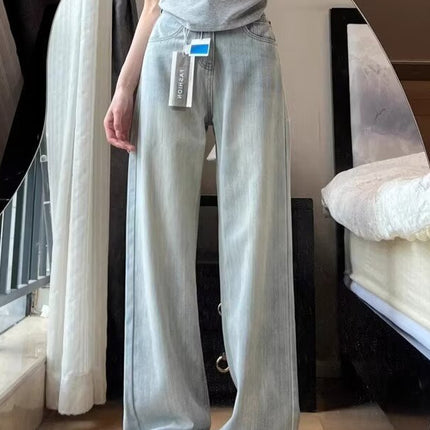 Light Color Jeans Women's Autumn Thin plus size chubby girl High Waist Slimming Loose Straight Leg Pants Texture Light Luxury Pants