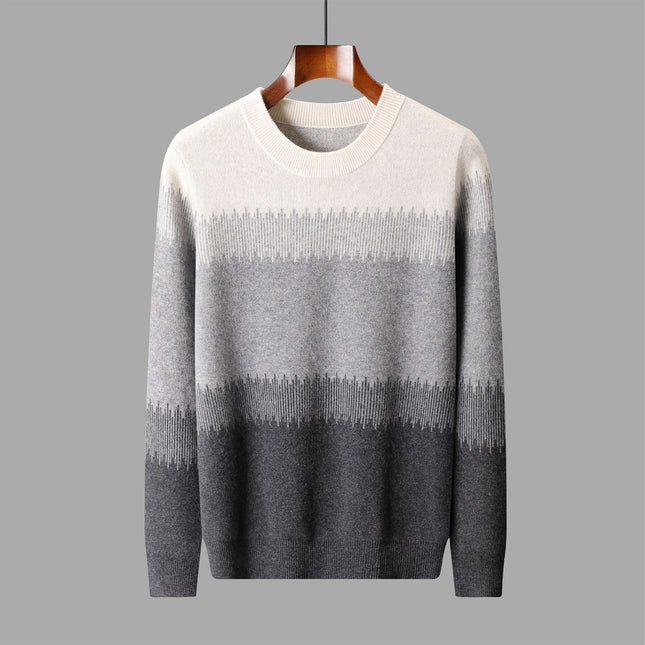 2025 New Autumn and Winter 100% Pure Wool Sweater Men's Thickeneded Contrasting Color Sweater Pullover Warm and Versatile Knitted Bottoming Shirt