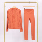 Warm red hooded steel-printed jacket and nine-point pants suit / 2/S