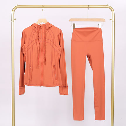 Lulu Df Stamped Hooded Jacket and Cropped Pants Set, Tight-Fitting Stretch Jacket with Gold Zipper, Fitness Yoga Outfit