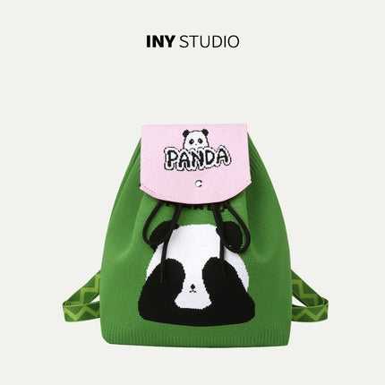 Grandpa Panda Cartoon Knitted Bag Women's Handbag Spring and Summer Popular Large Capacity Shoulder Drawstring Bag Versatile Backpack