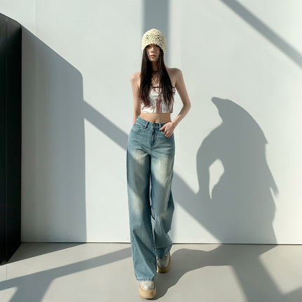 Washed Vintage High Waist Jeans Women's 2025 Spring New Loose Dipped Slim Look Narrow Straight Wide Leg Pants