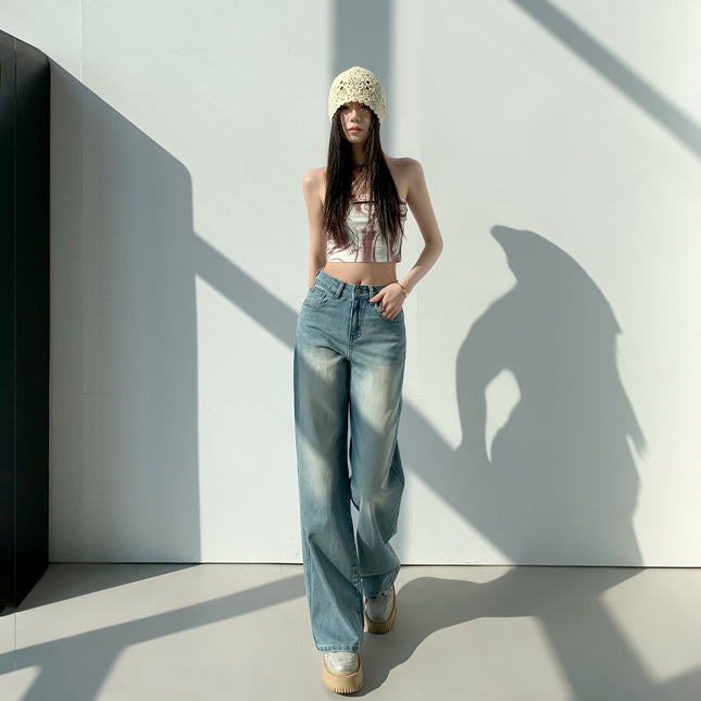 Washed Vintage High Waist Jeans Women's 2025 Spring New Loose Dipped Slim Look Narrow Straight Wide Leg Pants