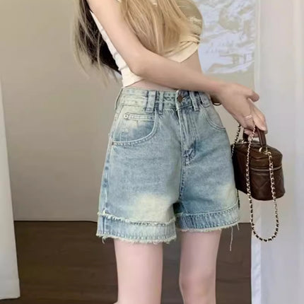 American Style High Street High Waist Fast Edge Denim Shorts 2024 Summer New Design Sense Loose Straight Wide Leg Hot Pants