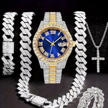 Hiphop Hip Hop Diamond Watch Five-Piece Diamond Cuban Chain Cross Necklace Cuban Ring Cross Border Wholesale