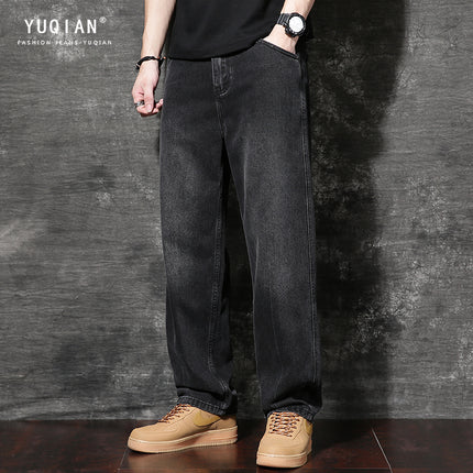 American Style Heavy Trendy Brand Wide Leg fleece-lined Jeans Men's Autumn and Winter New Loose Straight High Street Vintage Pants Spring and Autumn
