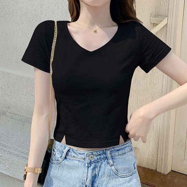 V-neck Black t-shirt Women's Short-sleeved 2024 New Summer Small Slim Short Bottoming Shirt top trendy