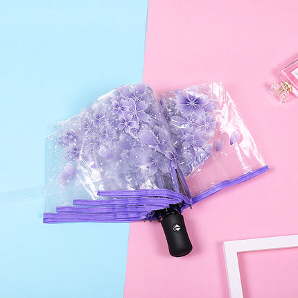 Fully Automatic Folding Plastic Transparent Cherry Blossom Umbrella for Women, Long Handle Apollo Style, Fresh and Simple, for Children, Students, Performances, Wholesale