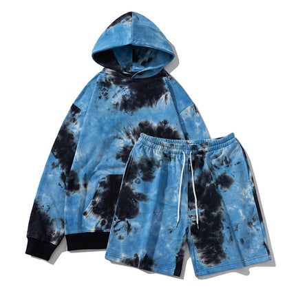 New Loose Hooded Sweat Spring and Autumn Fashionable Brand oversize Shoulder-drop Tie-dye Shorts Top Two-piece Set for Men