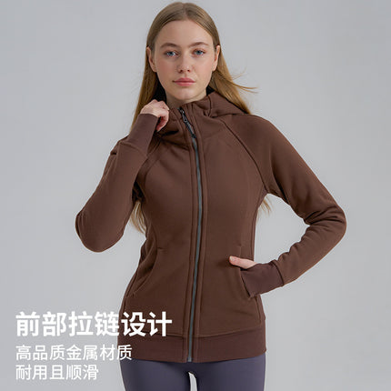 Sports Sweatshirt Jacket Autumn and Winter New Color Jacket Zipper Hooded Fleece-Lined Thickeneded Warm Running Fitness Yoga Wear for Women