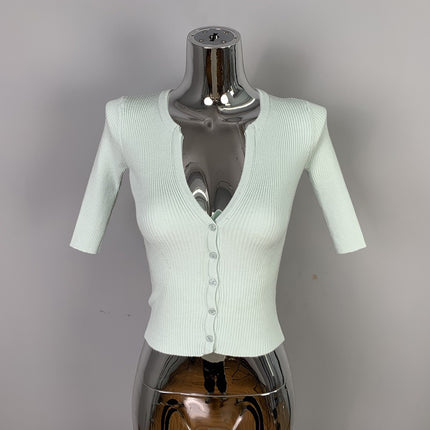 South Korea Dongdaemun Slim-fit Slimming Sexy Feminine V-neck Figure All-match Half-sleeve Knitted Cardigan Top