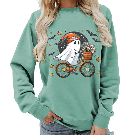 Amazon Source Ghost Riding a Bicycle Halloween Print Round Neck Women's Sweatshirt Casual Loose Fit
