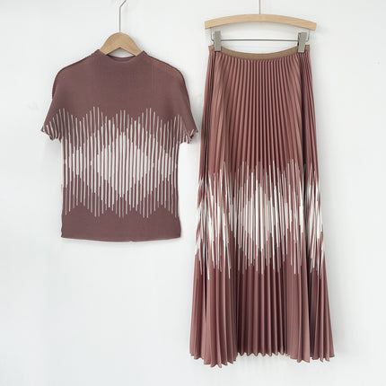 Cross-border Hot Sale Miyake Fashion suit High-end Women's Striped Slim-fit Slimming Short-sleeved T-shirt Pleated Skirt Two-piece Set
