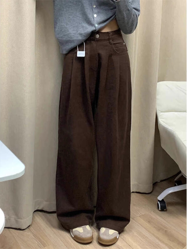 Plus Size Dark Brown Jeans for Women, Autumn New Style, Loose High-Waisted Slimming Wide-Leg Pants for Pear-Shaped Body