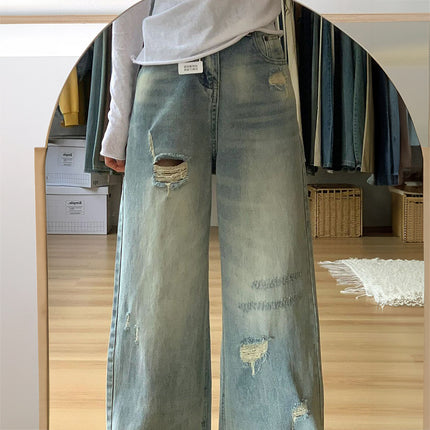 American Retro Ripped Wide-Leg Jeans for Women, Petite High-Waisted Loose Slimming Straight-Leg Floor-Length Pants Trendy