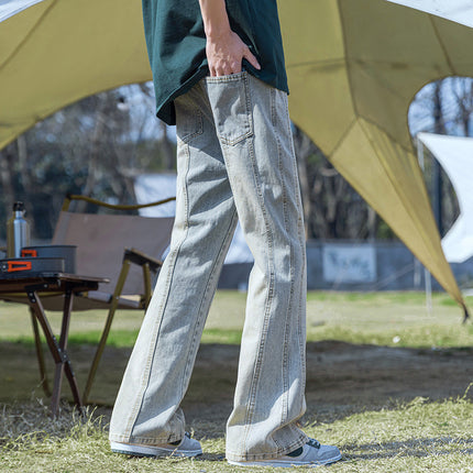 Men's Trendy Loose Yellow Mud Bootcut Scimitar Jeans High Street Casual Washed Long Pants
