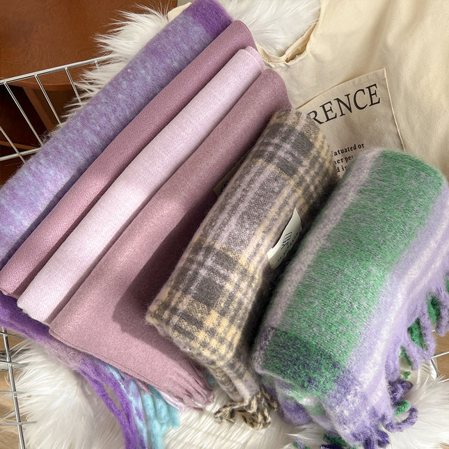 Korean Style Plaid Purple Scarf Women's Winter Warm Neck Charm High-end Tassel All-match Shawl 2024 New Style