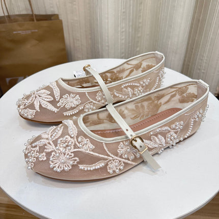 ZA new summer new fashion round toe flat shoes retro style mesh pearl embroidery mesh ballet shoes