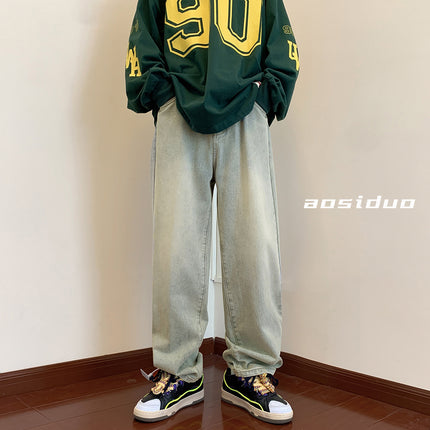 Men's Loose Casual American-Style Jeans, Washed Vintage Blue Floor-Length Casual Pants, Straight-Leg Jeans