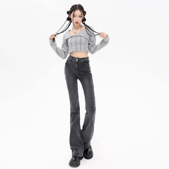 Grey Micro La Jeans Women's Autumn Trendy All-match New American Style Slim Look High Waist Stretch Horseshoe Trousers