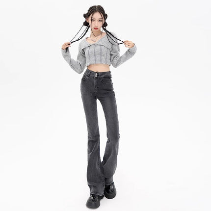 Grey Micro La Jeans Women's Autumn Trendy All-match New American Style Slim Look High Waist Stretch Horseshoe Trousers