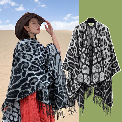 Leopard Split Towel Warm Tassel Shawl Thickened Xizang Northwest Desert Windproof Cape Women's Travel