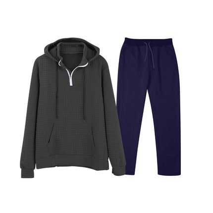 European and American Cross-Border Long-Sleeved Waffle Top Aliexpress Solid Color Drawstring Pocket Hoodie Sweatshirt and Sweatpants Set