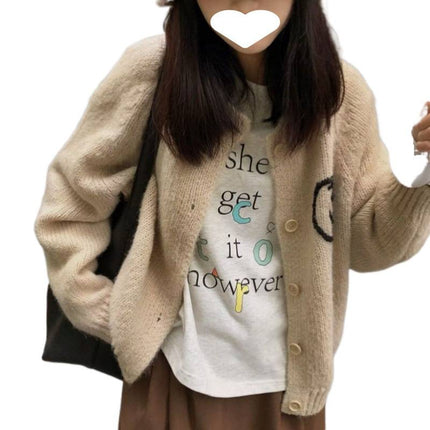 Designed Embroidered Soft and Super Loose Double-Sided Smiley Face Round Neck Sweater Cardigan Winter Korean Fashion Versatile