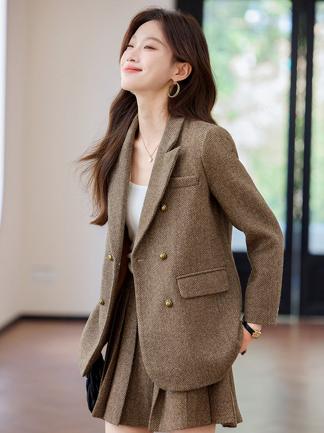 Cross-Border Coffee-Colored Blazer for Women, Spring New Korean Style Casual Loose Plus-Size Wool Suit with Pleated Skirt Set