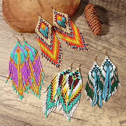 Cross-Border European and American Colorful Seed Bead Earrings, Niche Ethnic Style Handmade Earrings, Woven Long Tassel Trendy Personality Style