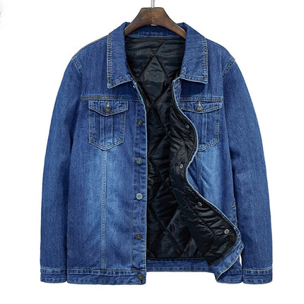 Tide and Fertilizer Extra Large Denim Coat fleece-lined Thickened plus size Men's Winter Jacket Warm Cotton-padded Fake Two-piece Top