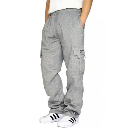 2022 Cross-Border Sports Casual Pants with Fleece Lining, Jogger Style, Multiple Pockets, Drawstring, Men's Loose Fit Workwear, Men's Sports Trend