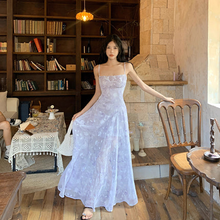 French Purple Floral Suspender Dress for Women in Summer, Chic and Good-Looking, Beach Photo Taking, Vacation Style Beach Mid-Length Skirt