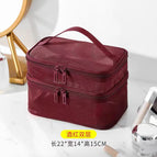 Burgundy double layer】mesh cosmetic bag
