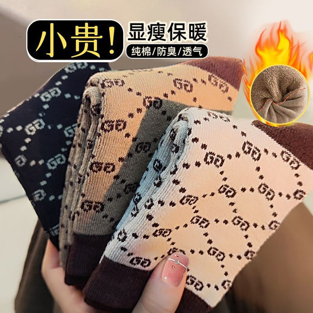 Grassman Socks Women's Pure Cotton Autumn and Winter fleece-lined Thickened Mid-tube Socks Light Luxury Fashion All-match Winter Warm Towel Socks