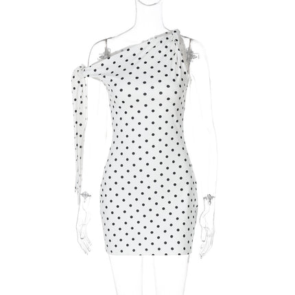 French-Style Cross-Border New Women's Polka Dot Off-Shoulder Ribbon Fashion Street Date Slim Fit Bodycon Short Dress for Women