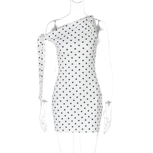 French-Style Cross-Border New Women's Polka Dot Off-Shoulder Ribbon Fashion Street Date Slim Fit Bodycon Short Dress for Women